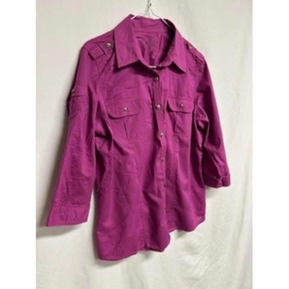 Sonoma‎ 100% Cotton Magenta Purple Utility Button Down Shirt 3/4 Roll Tab Sleeve